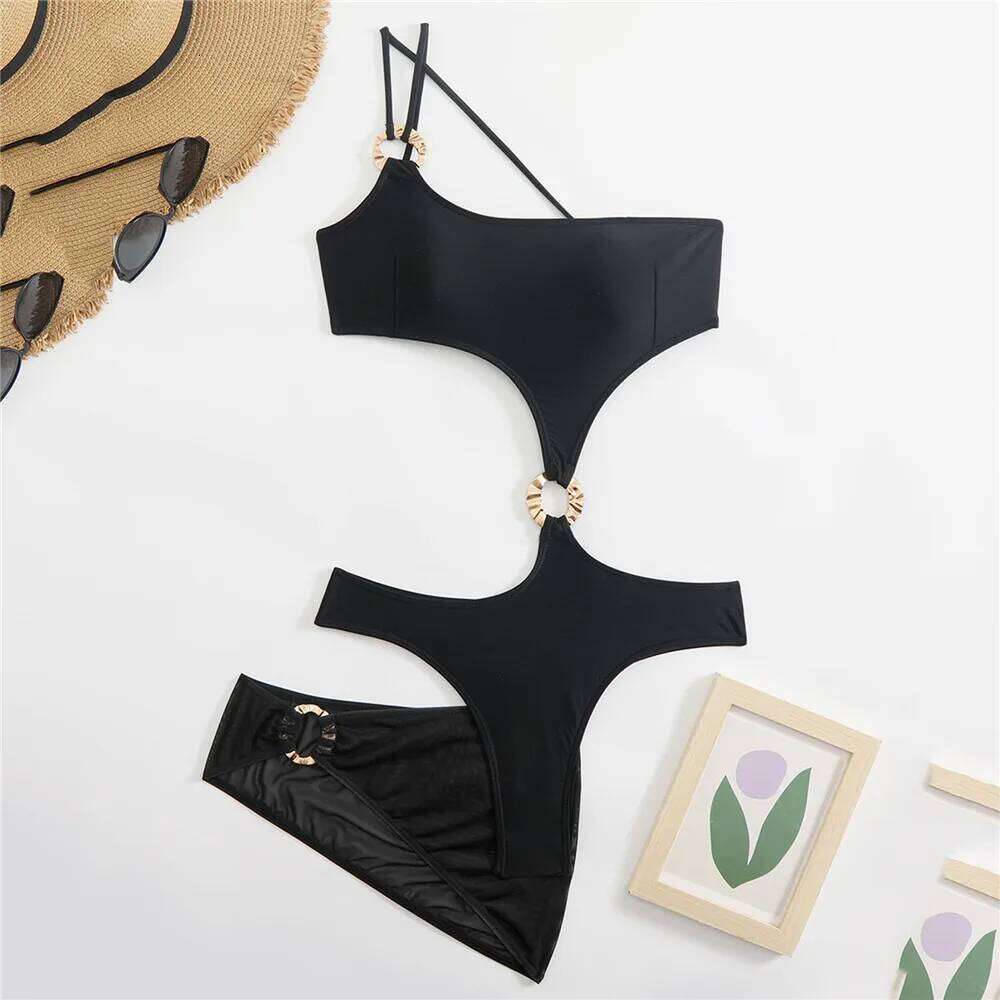 Sexy Black Shoulder Swimsuit One Piece Metal Ring Swimwear with Cover Up Bathing Suit Hollow Out Monokini Swimming Wear C260207