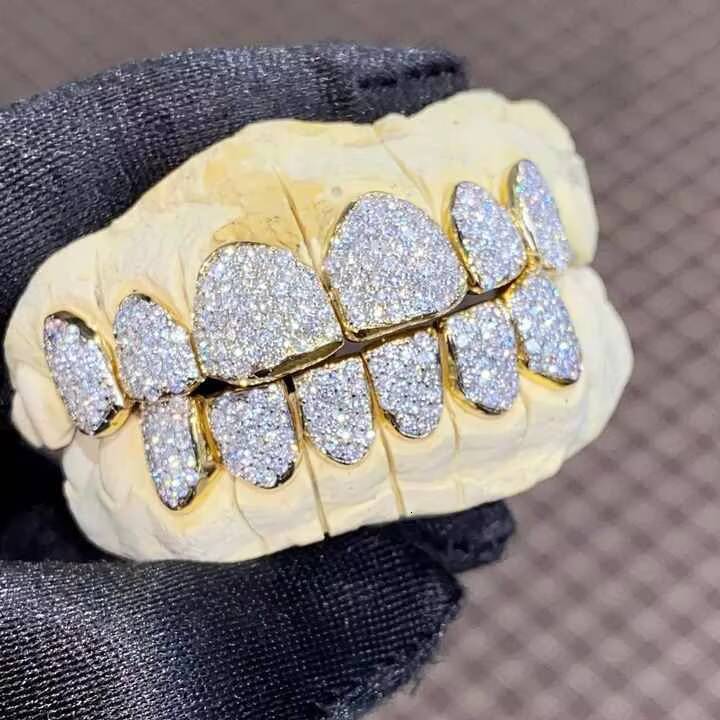 Personalized Buss Down Big Stone Grillz 925 Sterling Silver 10 on 10 Fang Iced Out Vvs Moissanite Diamond Grillz for Men Teeth