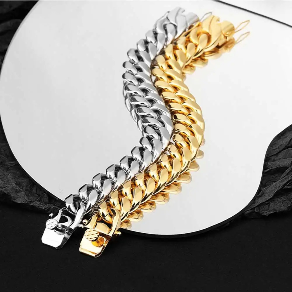 6810121416mm Gold Color Stainless Steel Curb Cuban Link Chain Bracelet Bangle Jewelry 710inch Gift for Men Women 260206