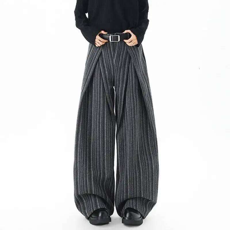 IEFB Niche Design Men's Trousers Striped Contrast Color Woolen Pleated Loose Straight Wide Leg Casual Male Pants 9X1633
