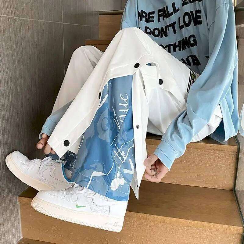 High casual trousers buttoned male gothic loose straight wide leg fake two piece pants high street men's bottoms