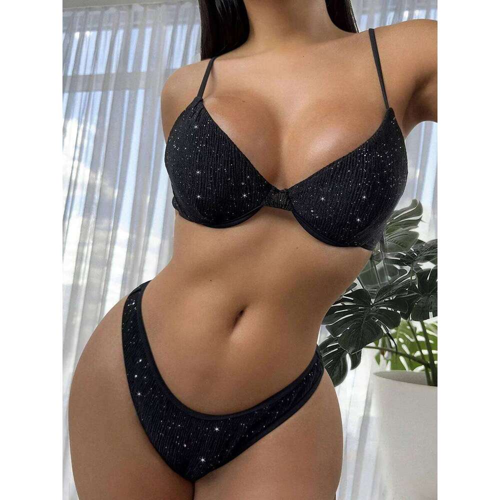 Shiny Sparkling Underwired V-bar Women Swimwear Female Swimsuit Two-pieces Bikini Set Smocked Push Up Bathing Suit Swim C260207