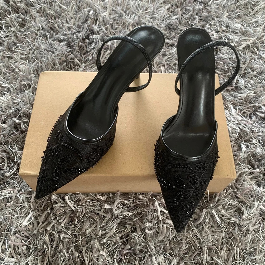 Black Embroidered Mesh Slingback High Heels Sandals for Women er Shoes Woman Elegant Style Wedding Party Pumps 260202