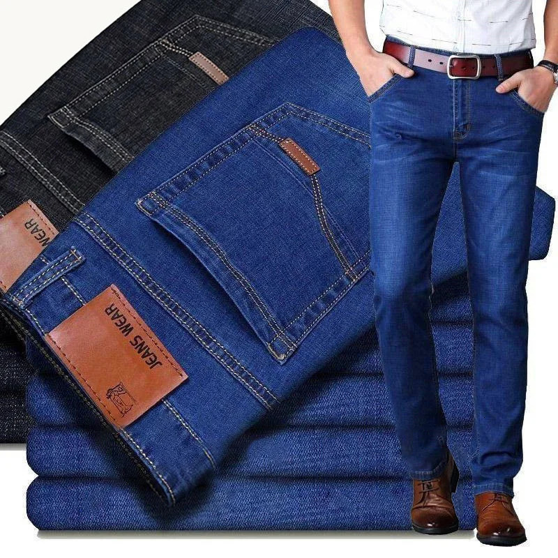 2026 Spring and Autumn Classic Men Fitted Stretch Jeans Business Casual Cotton Denim Straight Leg Pants Male Black Blue Trousers 260127
