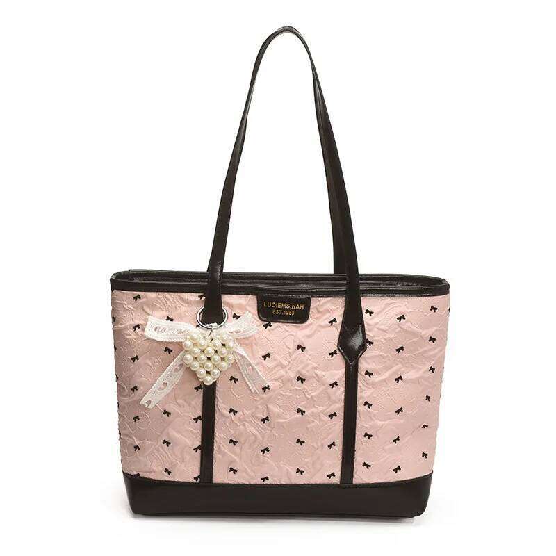 Korean Style Pink Bow Tote for Girls 2025 Large Capacity Shopper Versatile Commuter Casual Shoulder Bag Trendy Minimalist C260207