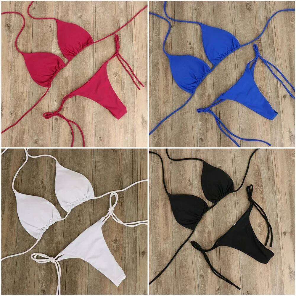 Solid Color Hanging Neck Style Lace-Up Bikini Women's Sexy Adjustable Triangle Beach Swimsuit Steel Bracket No Chest Pad C260207