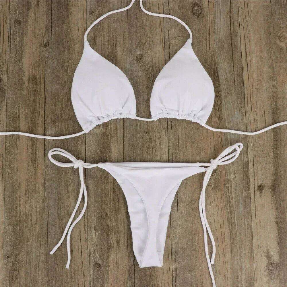 Women Thong Bikini Side Tie Sexy Bandage Style Brazilian Swimwear Neck Hanging Solid Color Adjustable Swimsuit Set C260207