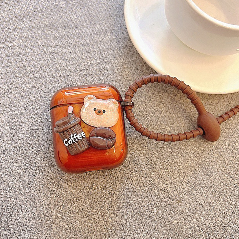 Vintage Coffee Bear Bluetooth Apple Earphone Case AirPods Protective Cover with Unique Lanyard and High-End Feel
