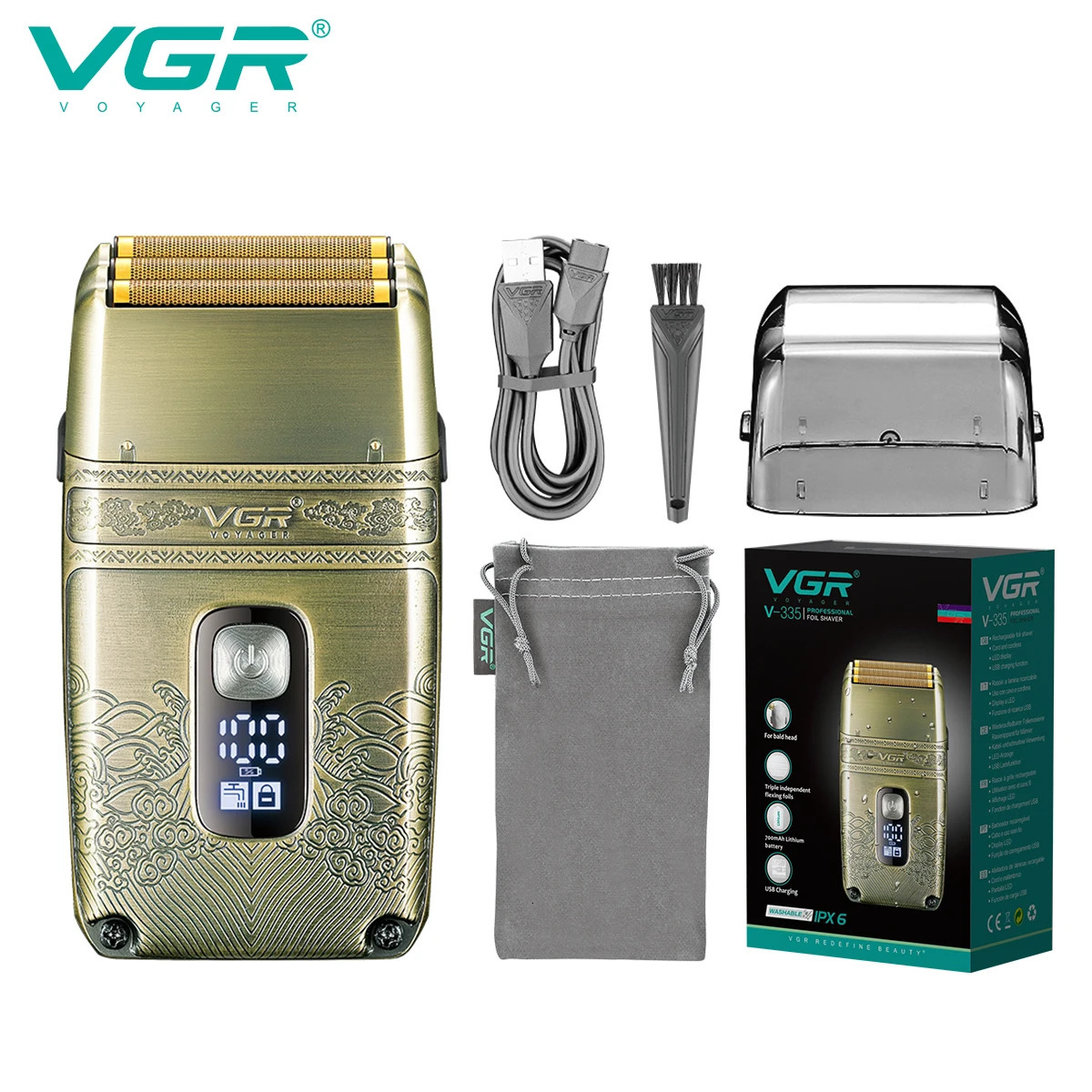 VGR Electric Shaver Professional Shaver Metal Beard Trimmer Blade Triple Foil Shaver for Bald Head LED Display V-335 260126