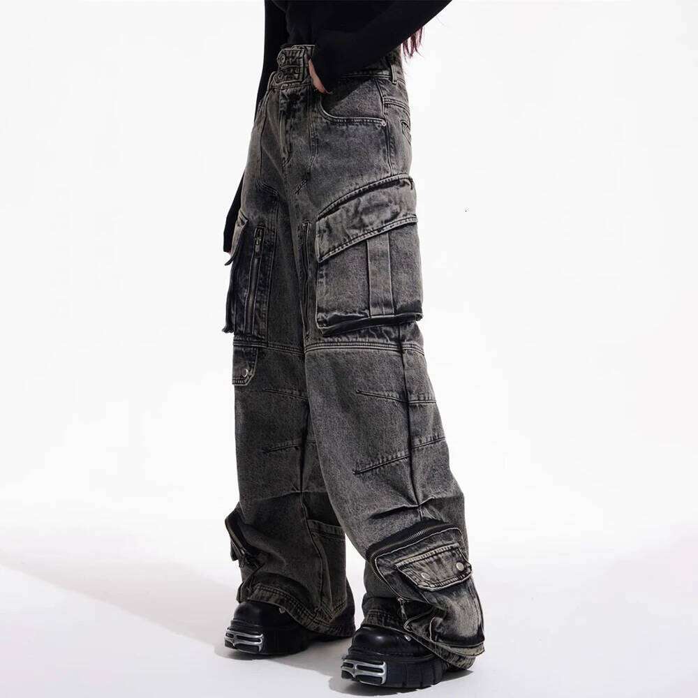 Men Gothic Y2k Big Pocket Cargo Jeans Streetwear Fashion Japanese Youth Campus Wide Leg Casual Pants Male Men'S Clothing