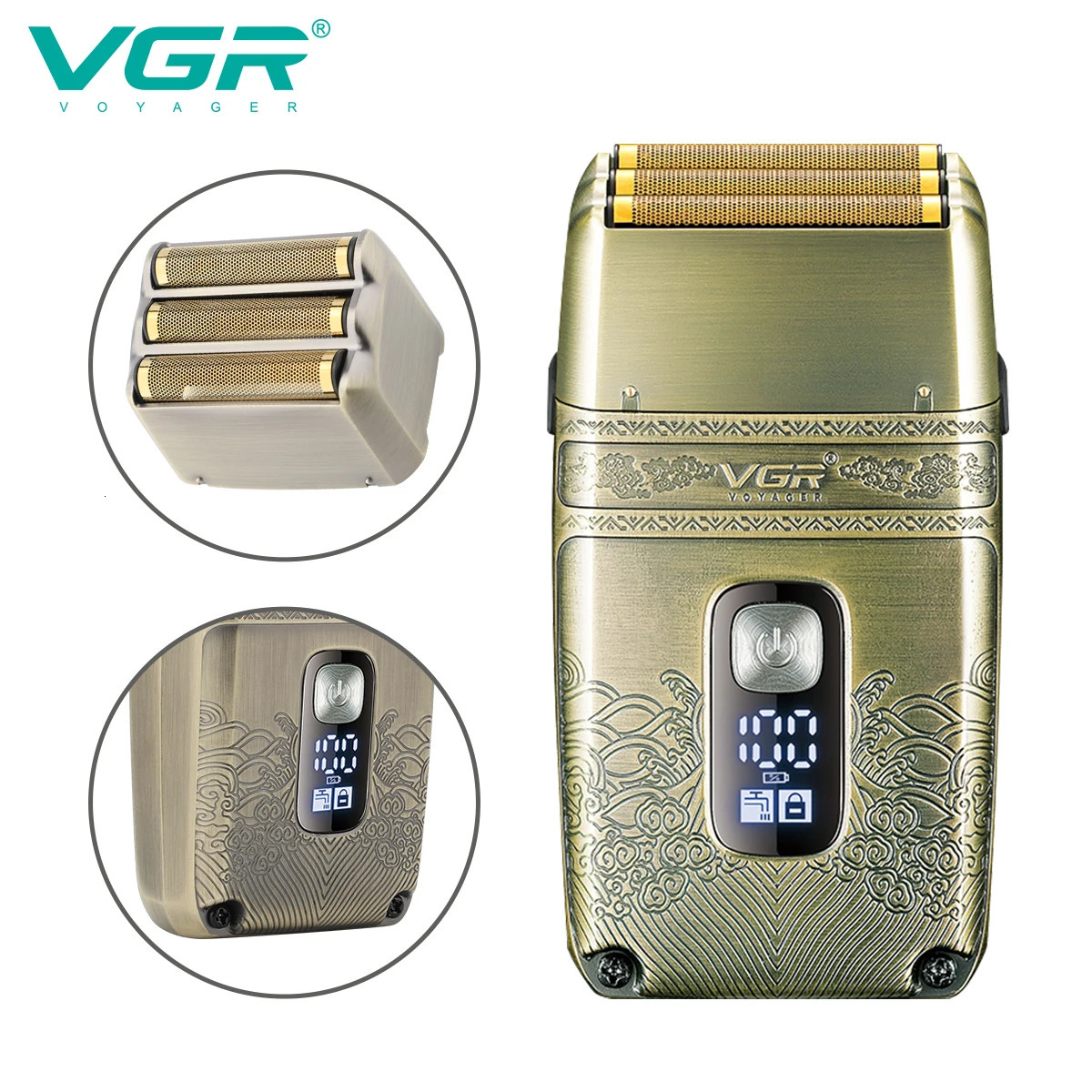 VGR Electric Shaver Professional Shaver Metal Beard Trimmer Blade Triple Foil Shaver for Bald Head LED Display V-335 260126