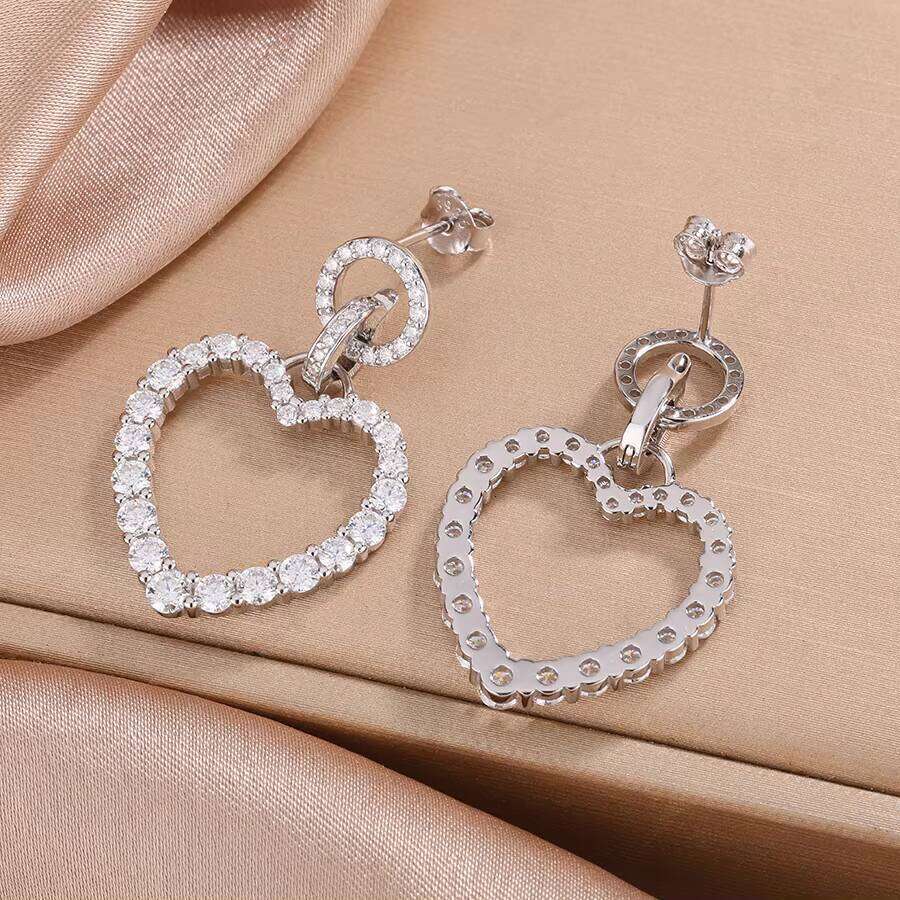 Luxurious S925 Sterling Silver Extra Large Heart Shape Dangle Gradient Pave Setting VVS Moissanite Statement Drop Earrings 12/15