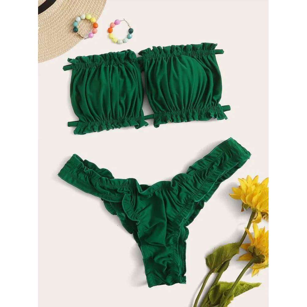 Swim Summer Beach Ruched Lettuce Trim Bandeau Bikini Set C260207
