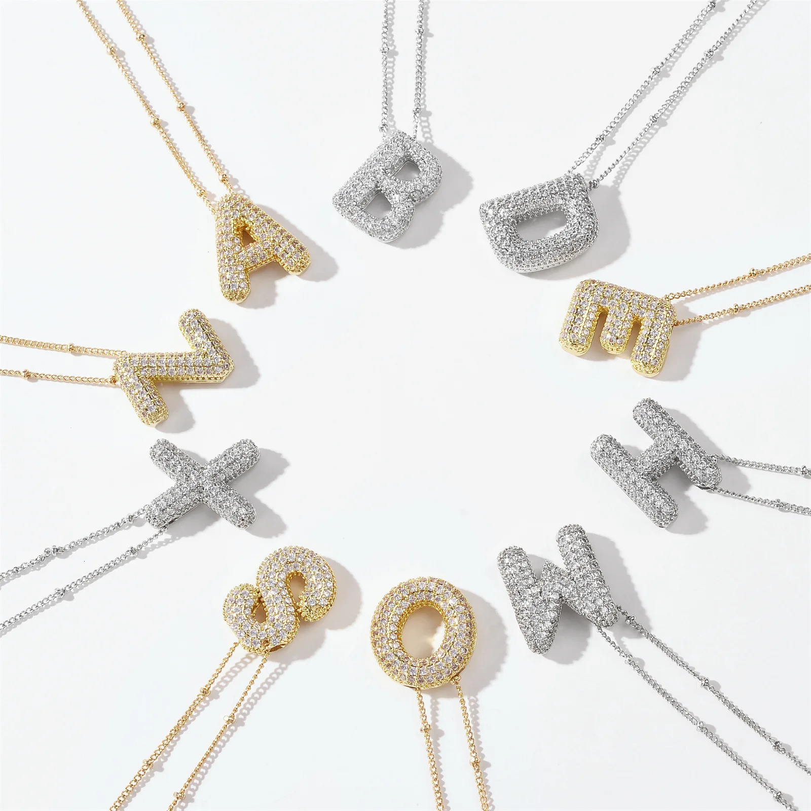 Light Copper Silvery-Plated Zircon Pendant American Simple Collarbone Chain 26 A-Z Balloon Letter Necklace For Women 260124