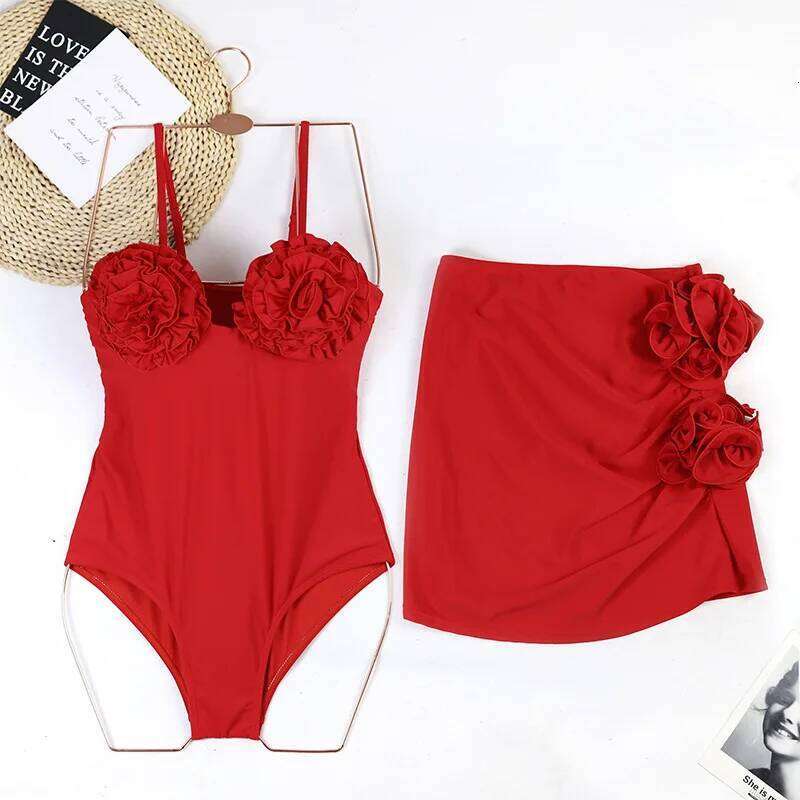 CPUTAN 2024 New Sexy 3D Flower Bikini Set Red Brazilian Biquini Women Swimwear Skirt Bathing Suit Girls Summer Beachwear Dress C260207