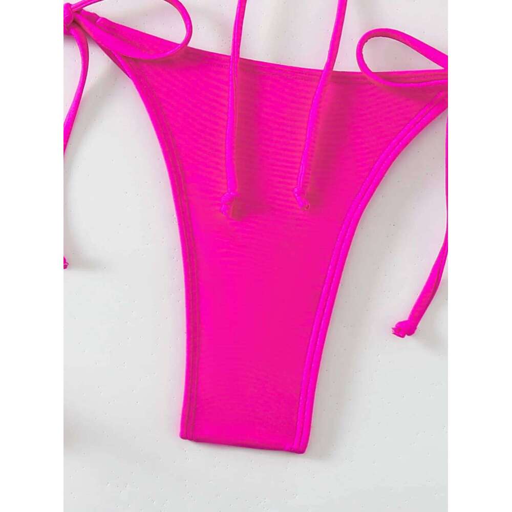 sexy rose red drawstring halter string bikinis sets two pieces tie padded thong swimwear female bathing suit biquini tankini C260207