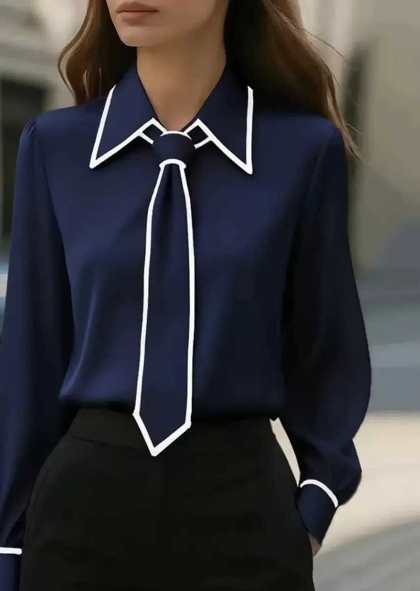 Womens fashion tie lapel n casual longsleeved shirt 260207