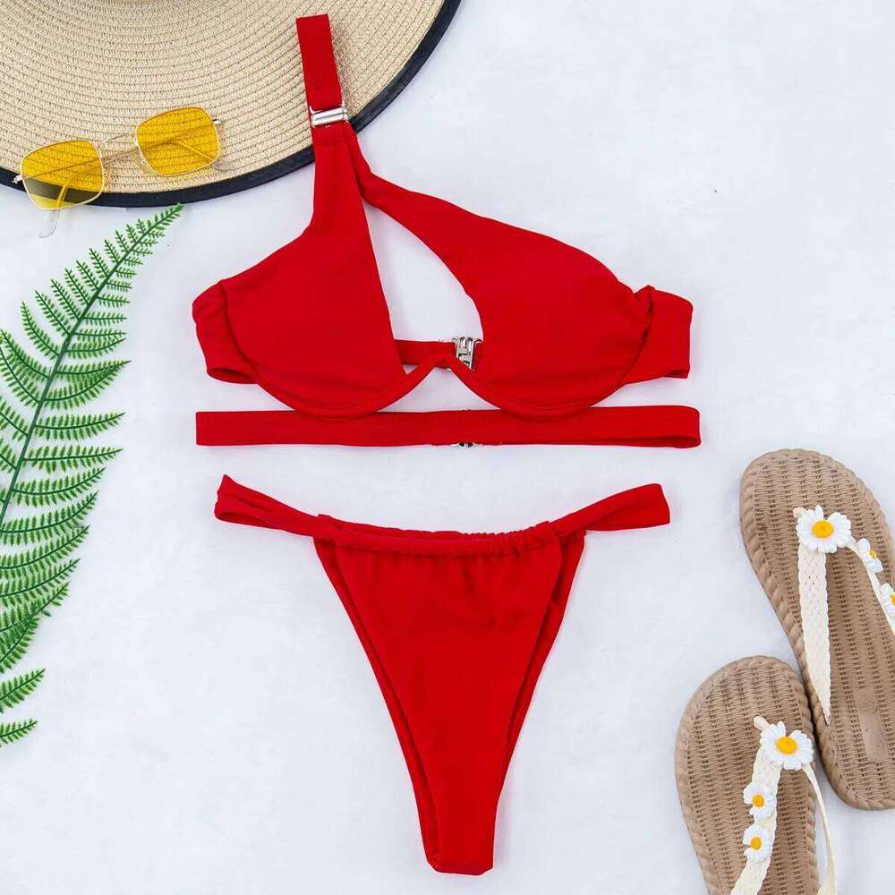 DEKA One Shoulder Bikini Set Women Solid Push Up Underwired Swimwear Beach Wear Thong Swimsuit Biquini Pleated Bathing Suits C260207