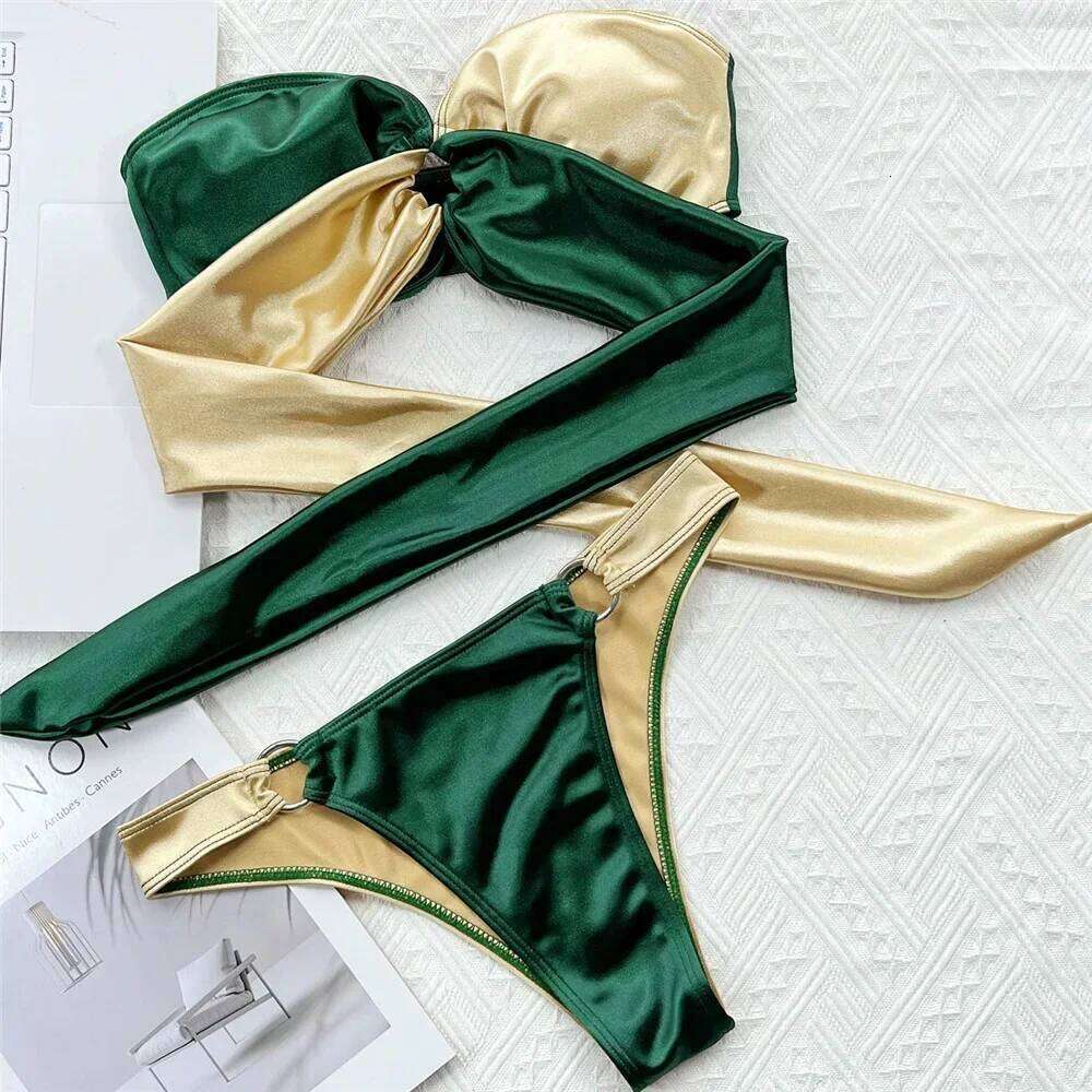 Splicing Strapless Bandeau Bikinis Set 2025 Mujer Swimsuit Women Swimwear Back Bow Bathing Suit Biquinis Swim Wear Beachwear C260207