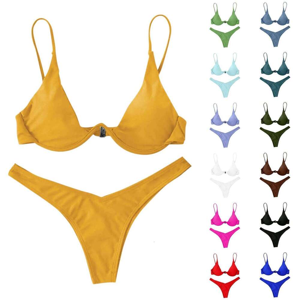 Sexy Underwire Bikini 2024 Mujer Women Solid Red Push Up Bra Swimsuit Halter V Neck Bathing Suit Mini Micro Thong Swimwear C260207