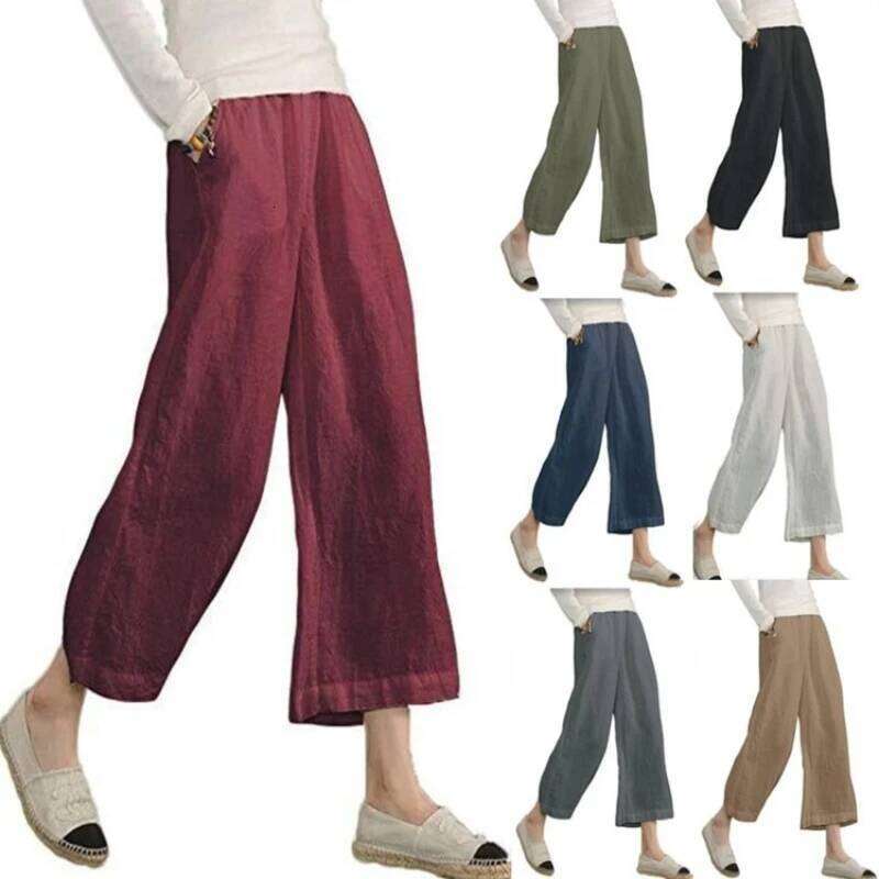 Women's Solid Color Cotton Linen Wide-leg Nine-point Pants Loose Casual Spring Summer New Products 2026