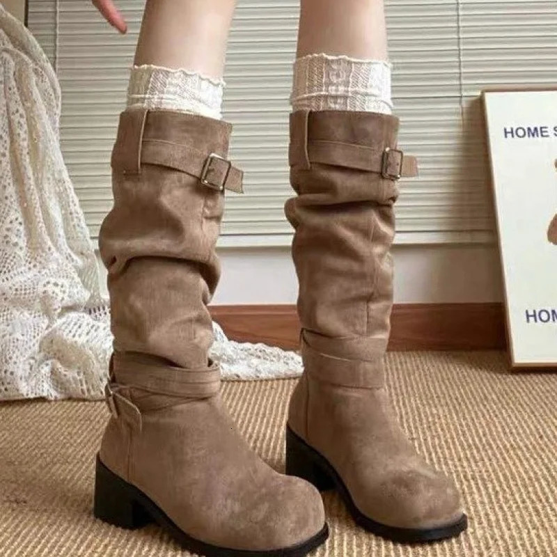 Microfiber Suede High Tube100y Rubber Winter Mid Heel35cmBagged Fashion Boots Round Toe 260208