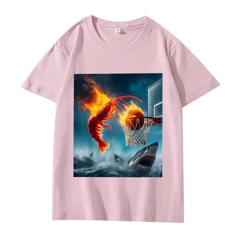 Shrimp Dunking on Shark Graphic Tee Retro Fishing Meme TShirt Women Short Sleeve Tops Aesthetic Clothes Summer Streetwear C260207
