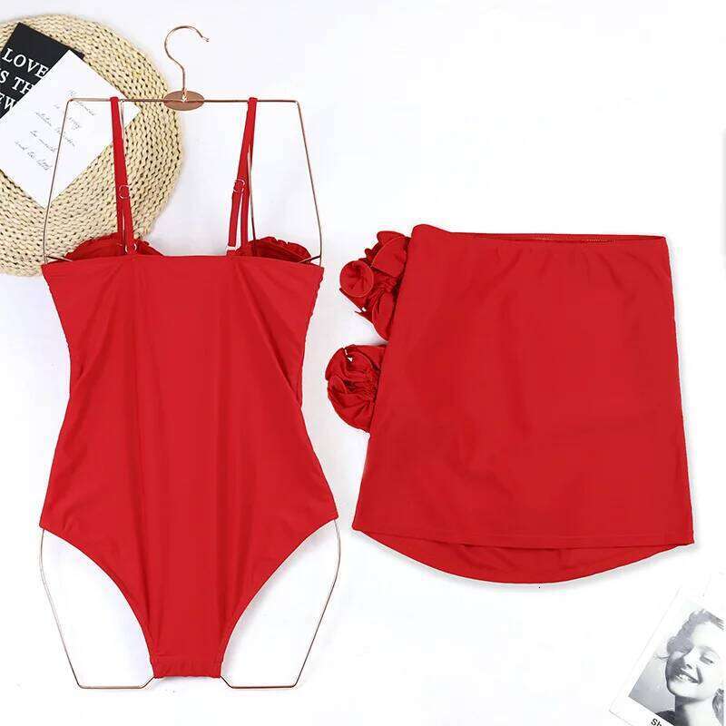 CPUTAN 2024 New Sexy 3D Flower Bikini Set Red Brazilian Biquini Women Swimwear Skirt Bathing Suit Girls Summer Beachwear Dress C260207