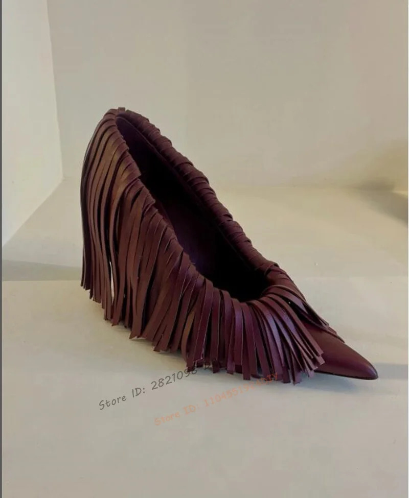 Wine Red Leather Tassel Thin Heeled Stiletto Pointed Toe Pump Fringe Fashion Party Shoes 260208