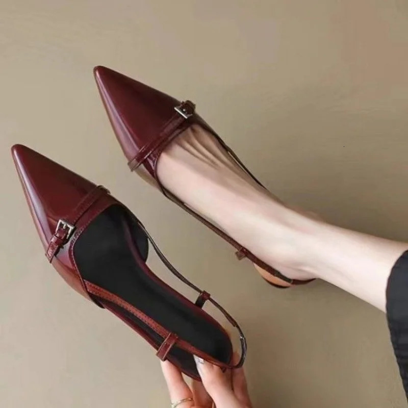 2025 French Pointed Sandals Burgundy Patent Crisscross Straps Metal Decor Slim Heel Open-Back Fairy Sandals 260202