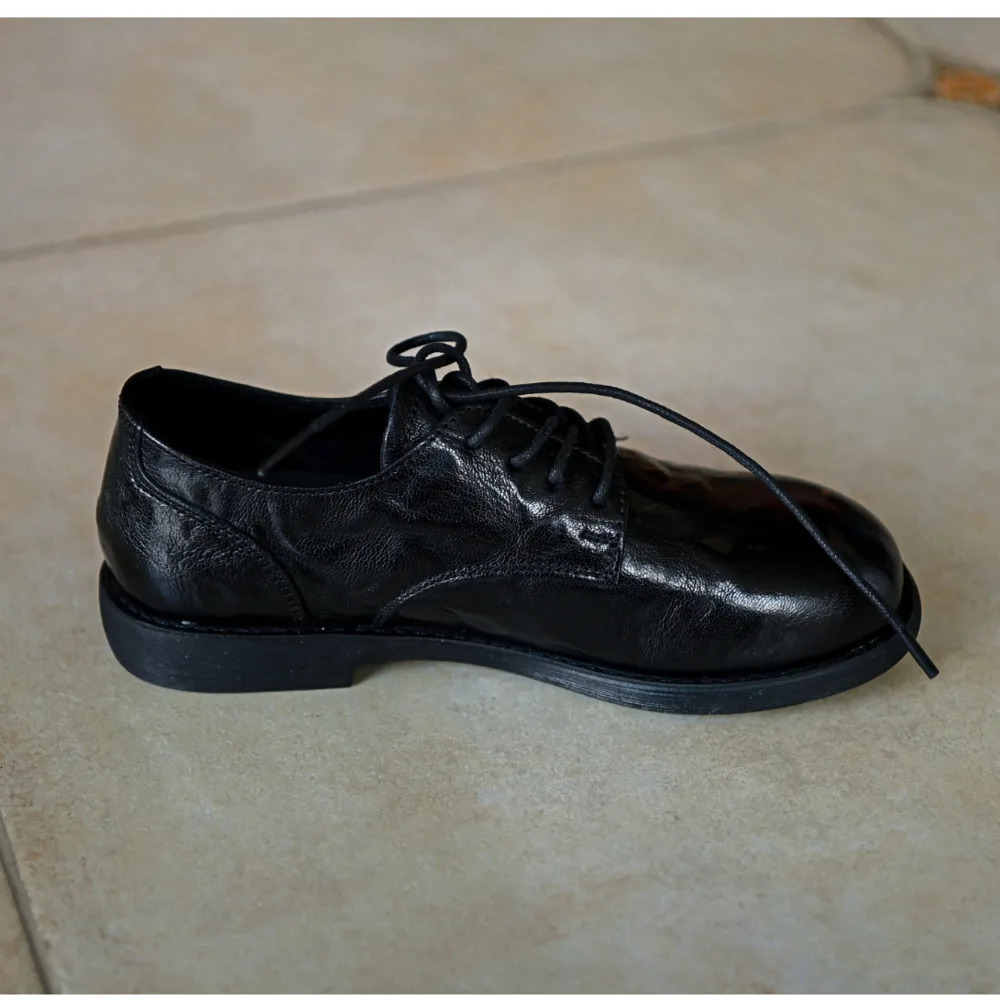 Womens Cow Leather Laceup Flats Oxfords Round Toe Retro British Style High Quality Soft Comfortable Genuine Daily Shoe 260208