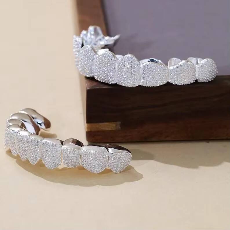 Hip hop jewellery moissanite iced out full teeth grillz silver finish custom luxury unisex street style bold shine