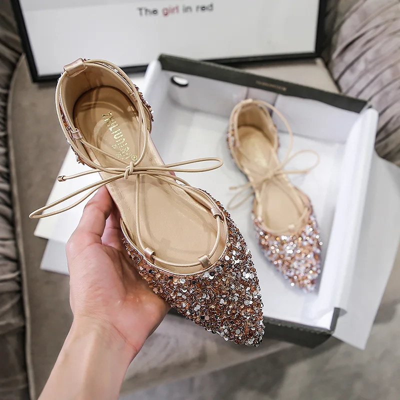 Women Rhinestone Ballet Flats Cross-Tied Lace Up Flat Shoes Woman Crystal Wedding Shoes Glitter Mules Sandals Big Size 43 260124