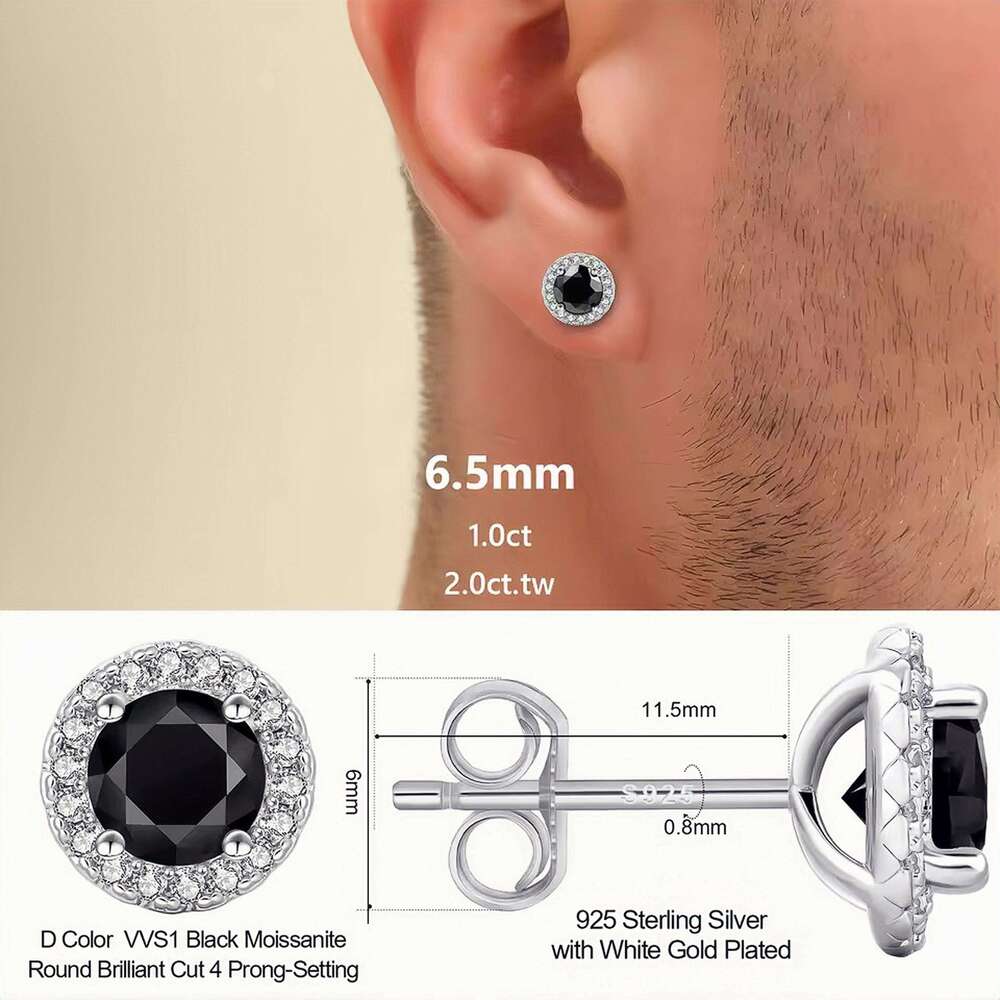 0.5Ct -1Ct Black Moissanite Earring Men Women Jewelry 925 Sterling Silver White Gold Plated VVS Male Halo Diamond Stud Earrings