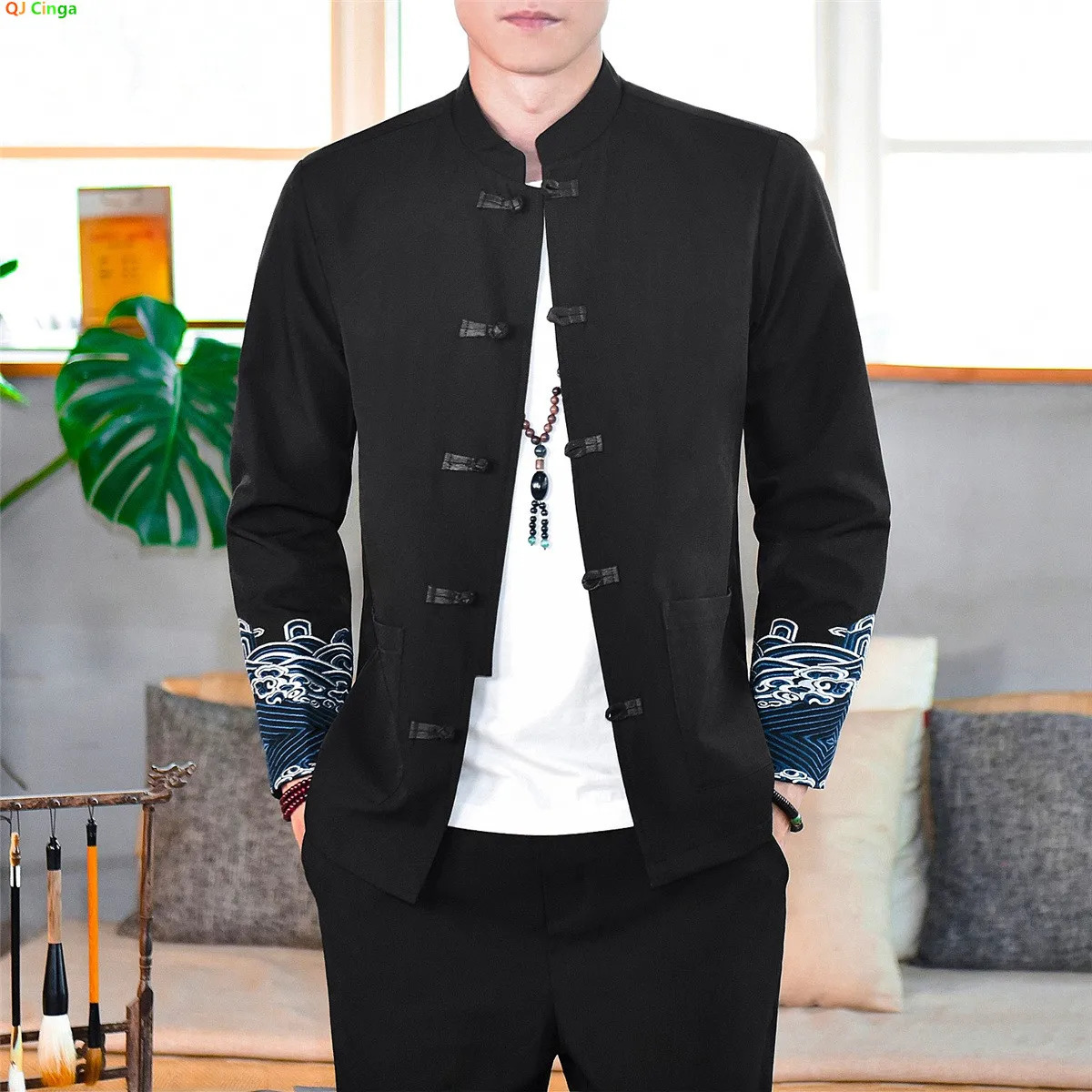 2026 Mens Chinese Traditional Tang Suit Jacket Mandarin Collar Black ed Crane n Coat Casual Formal Wear 260205