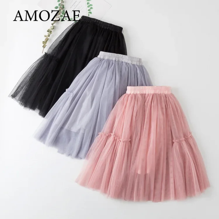 Girls Skirts Cotton Lace Tutu Pleated Skirt Black Pink Gray Puff Princess Long Childrens Clothing 4 6 8 10 12Y 260207