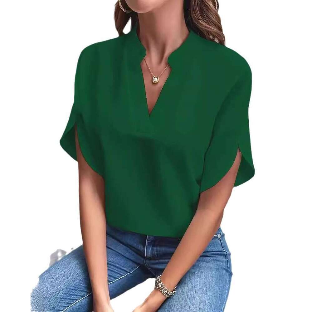 European and American Foreign Trade Women s Summer Casual Short Sleeve Solid Color V Neck Loose Shirt Top luanyun