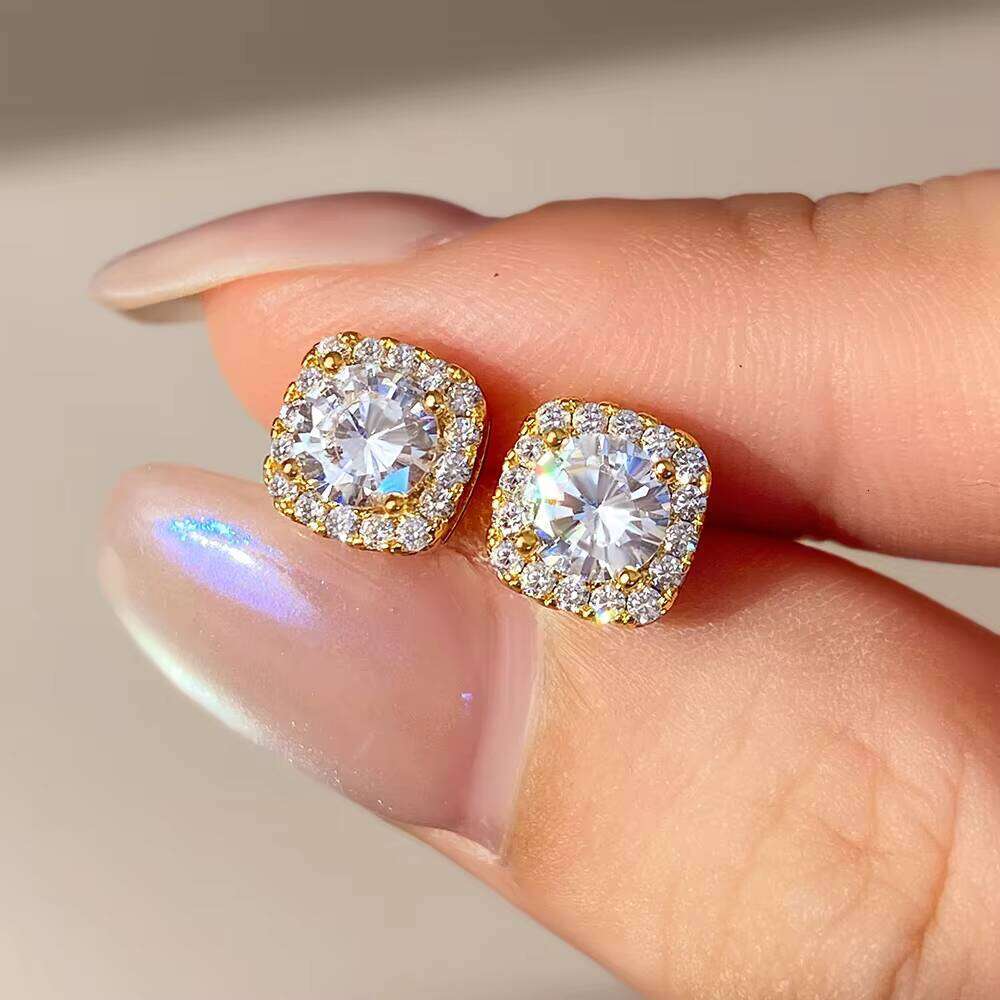 Wholesale Hot Sale Fashion Jewelry Gold Plated Brass Round Square Moissanite Diamond Zircon Stud Earrings For Women