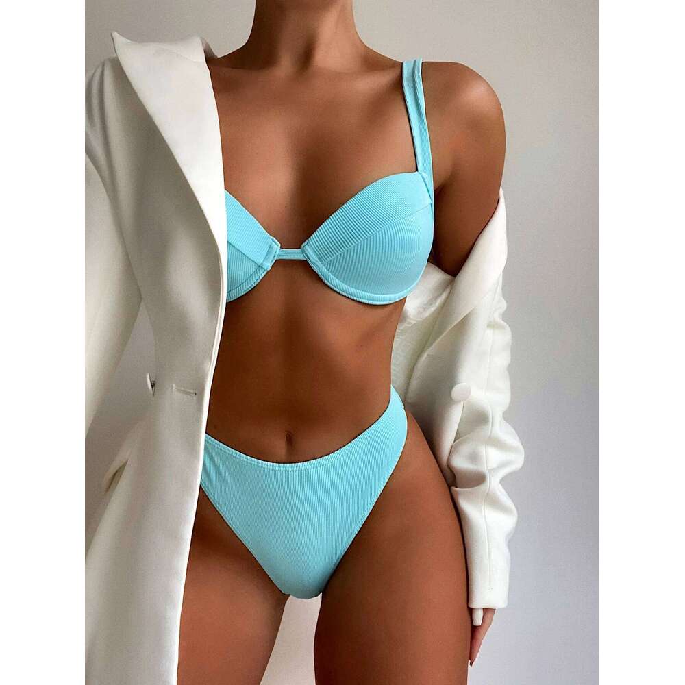 Women's High Waist Bikini, Underwire Padded Push Up Swimwear, Solid Black, White, Yellow, Green, Women Swimsuit, Bathing Suit C260207