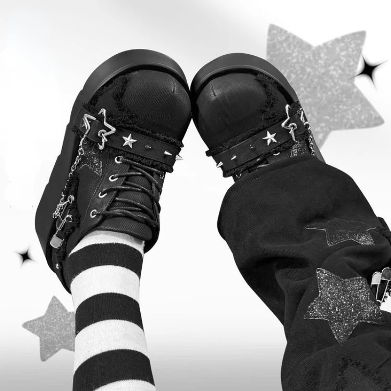 Punk Metal Chain y Platform Ankle Boot 2025 Autumn Y2K Thick Bottom Denim Boots Woman Black Gothic Lolita Shoes 260208
