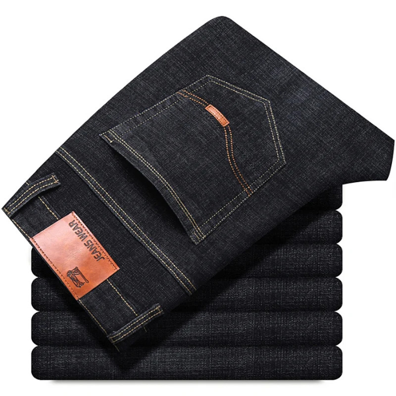 2026 Spring and Autumn Classic Men Fitted Stretch Jeans Business Casual Cotton Denim Straight Leg Pants Male Black Blue Trousers 260127