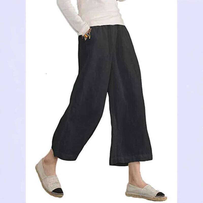 Women's Solid Color Cotton Linen Wide-leg Nine-point Pants Loose Casual Spring Summer New Products 2026
