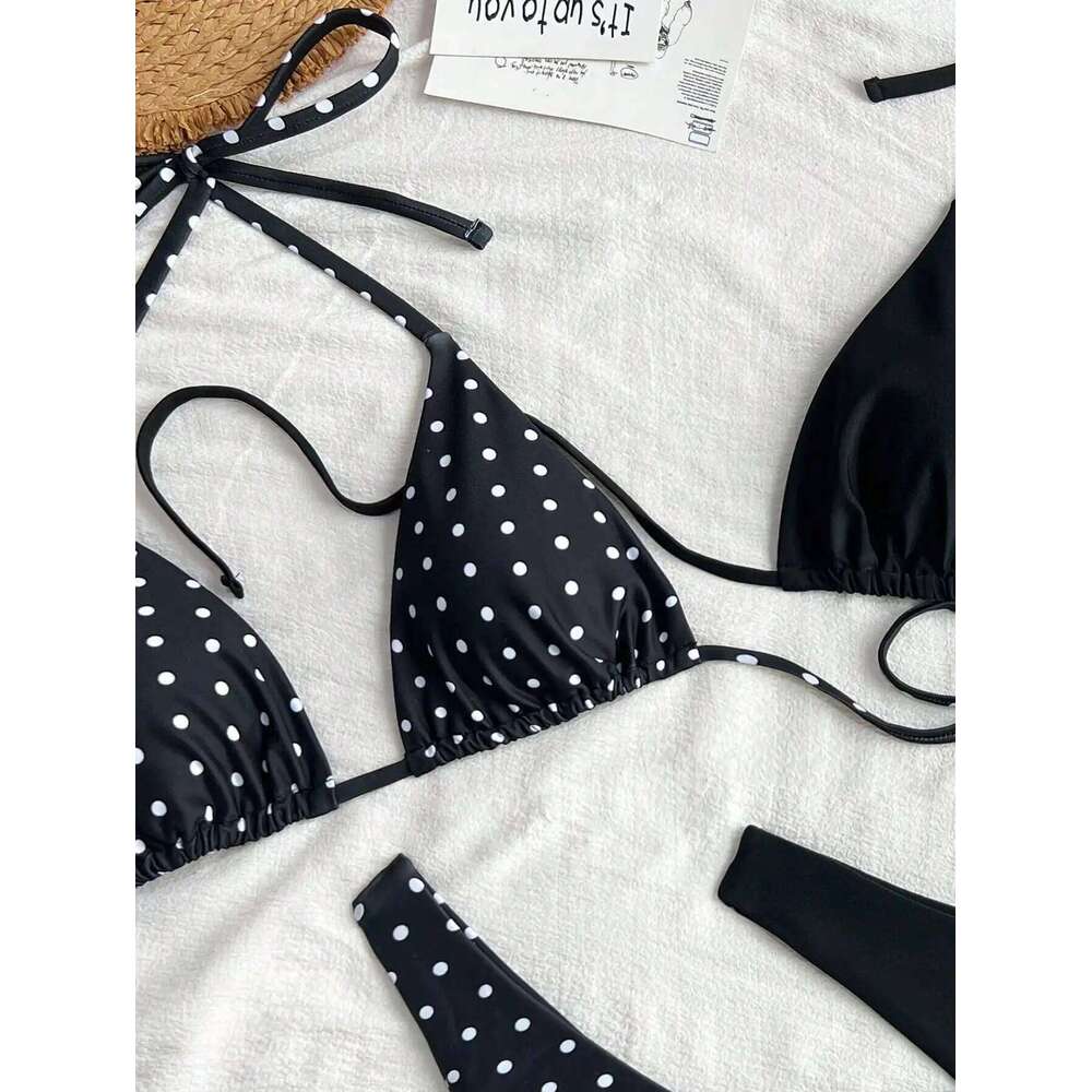 Four piece sexy bikini swimsuit set with white dots and pure black C260207