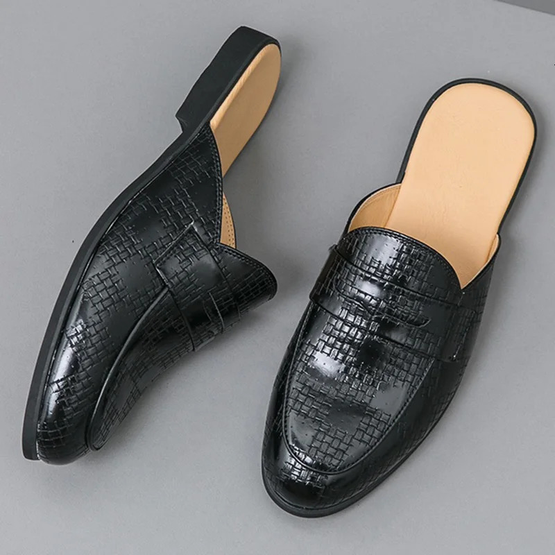 Britain Mens Loafers Business Half Shoes for Male Patent leather Mules Non-slip Outdoor Summer Moccasins 260124