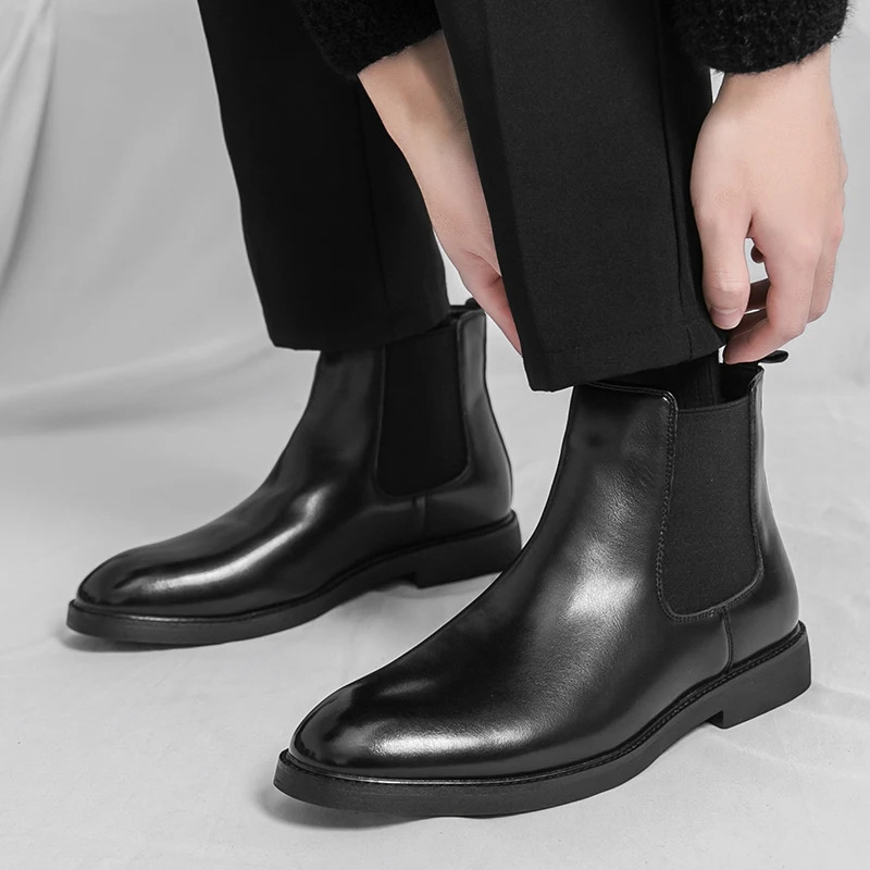 British and Korean style trendy mens casual hightop leather shoes brock riding boots Chelsea pointed business ankle 260208