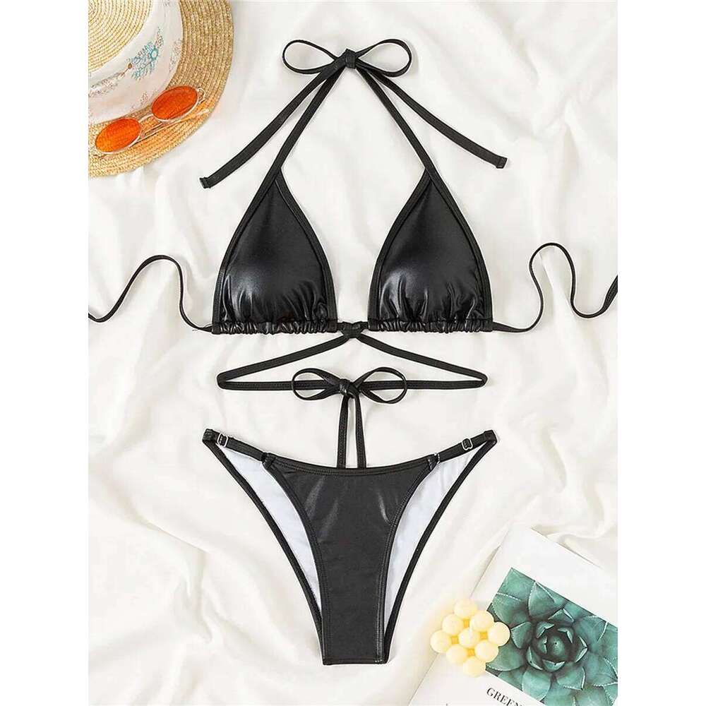 XS - L PU Faux Leather High Cut Female Swimsuit Women Swimwear Two-pieces Bikini Set Halter Bather Bathing Suit Swim Lady C260207