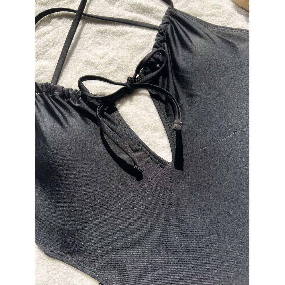 sexy solid black drawstring bandage backless swimsuit one piece bikini thong swimwear bodysuits women biquini bathing suits C260207