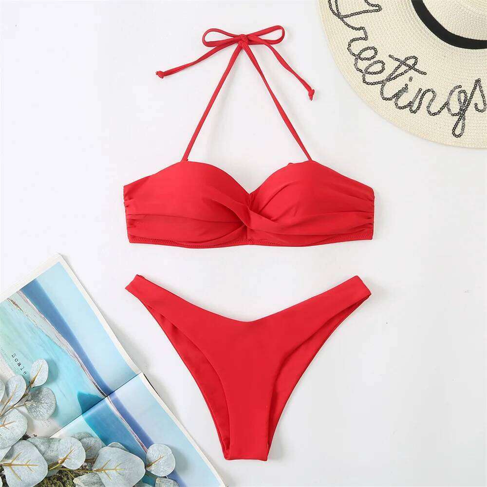 RED Bikini Backless Bandage Bandeau Swimsuit Twist Stacked Push Up Vacation Swimwears Women Y2K Cute Beach Outfits Bathing Suits C260207