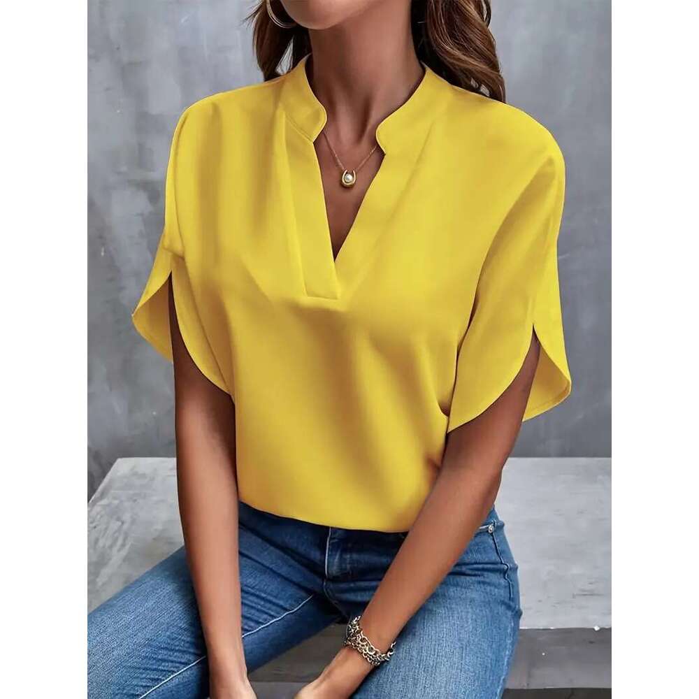 European and American Foreign Trade Women s Summer Casual Short Sleeve Solid Color V Neck Loose Shirt Top luanyun