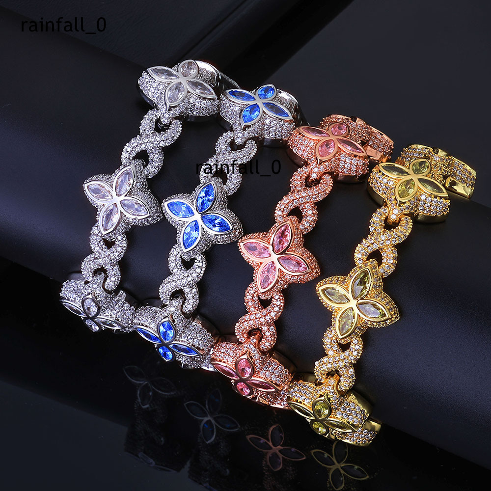 Flower Cross Four Leaf Clover Bracelet Iced Out Moissanite Chain Gold Plated Silver Miami Cuban Link Trendy Hip Hop Jewelry